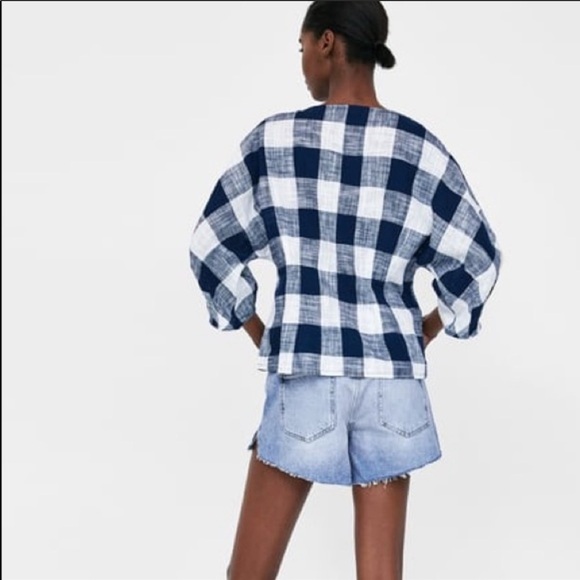 Zara Navy & White Check Linen Blouse size medium - Picture 2 of 9